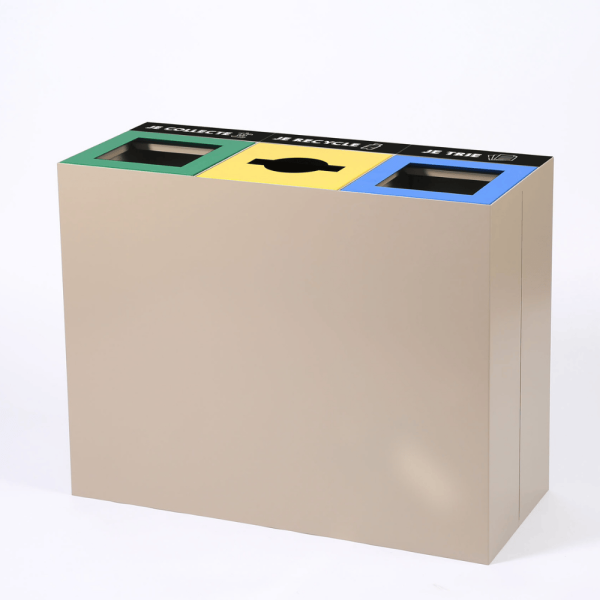 Poubelle tri sélectif en acier pour le tri des déchets plastiques, verres et papiers.
