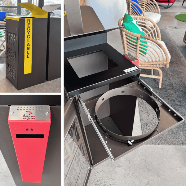 Détails de la corbeille de rue extérieure HappyLoop avec cendrier pour mégot, languettes de communication et glissière pour les sacs et bacs de tri.