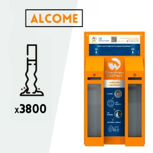 Cendrier de vote financé par l'éco organisme Alcome. Cendrier jaune pour le recyclage de 3800 mégots de cigarette.