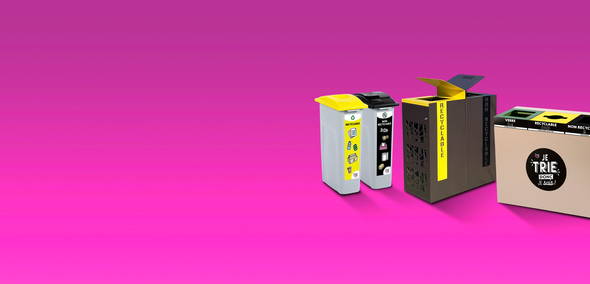 plusieurs poubelles de tri sélectif : poubelle 2 bacs en plastique, poubelle 3 bacs en acier, poubelle extérieur 2 flux