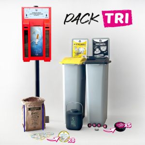 Pack de plusieurs produits pour faciliter la mise en place du tri. Poubelle bi flux, cendrier, poubelle de bureau, poubelle biodéchet, stickers et cendrier de poche