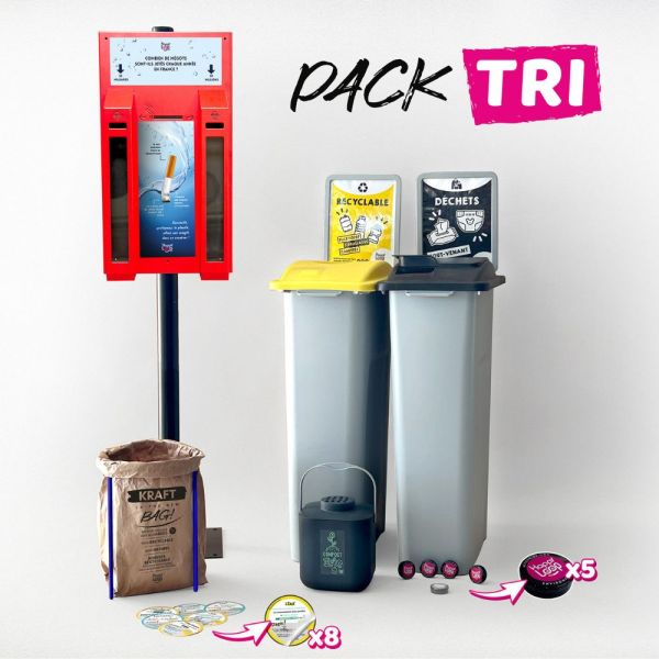 Pack de plusieurs produits pour faciliter la mise en place du tri. Poubelle bi flux, cendrier, poubelle de bureau, poubelle biodéchet, stickers et cendrier de poche