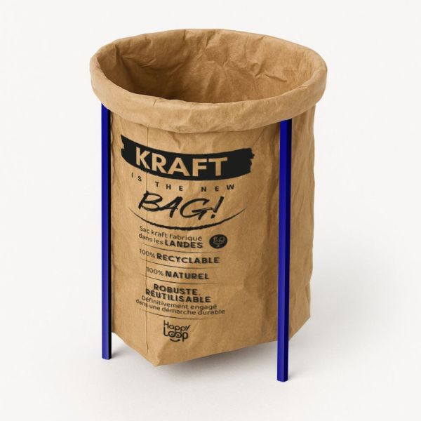 poubelle de tri durable bleu klein avec des sacs kraft personnalisés avec un message RSE et éco-responsable